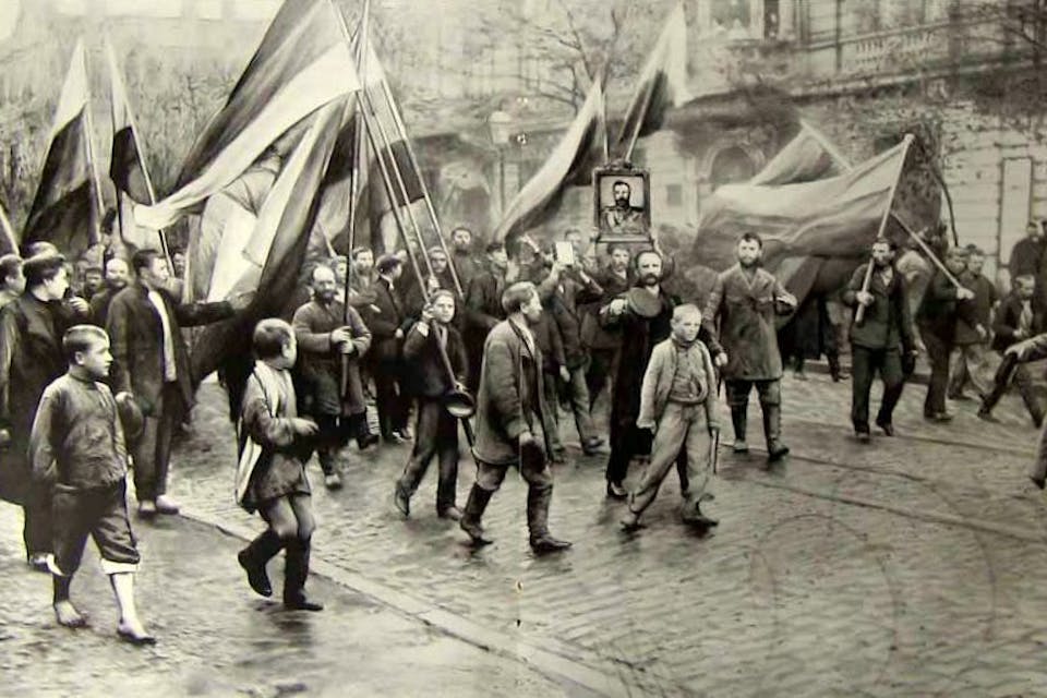 *Russians belonging to a far-right party marching during the 1905 revolution.* Wikipedia. Ascher Main