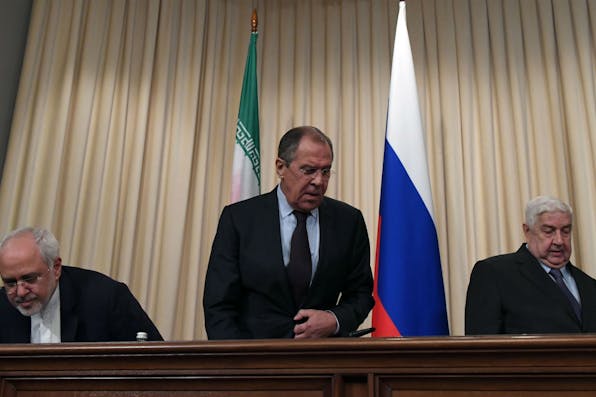 *Foreign ministers Mohammad Javad Zarif of Iran, Sergei Lavrov of Russia, and Walid Muallem of Syria at a joint press conference in Moscow on October 28, 2016.* KIRILL KUDRYAVTSEV/AFP/Getty Images. Lerman Iran Russia