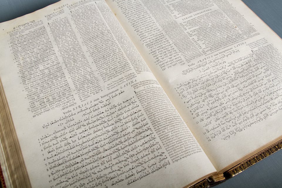 *Walton’s Polyglot Bible, Volume 1, 1654. Pages showing text from the book of Genesis in multiple languages.* 31925464054_0555025610_k