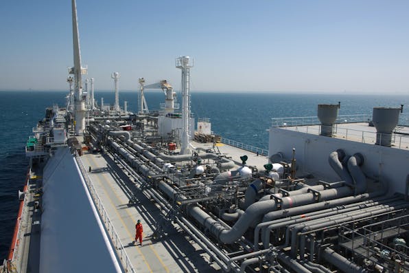 *The *Expedient* regasification ship shown anchored off the coast of Israel on February 26, 2015.* MENAHEM KAHANA/AFP/Getty Images. gas-ship