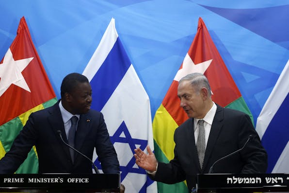 *Benjamin Netanyahu talks to Togolese president Faure Gnassingbe on August 10, 2016 in Jerusalem. *RONEN ZVULUN/AFP/Getty Images. togo