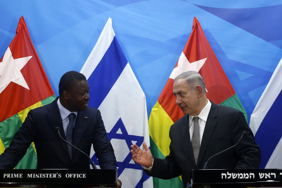 *Benjamin Netanyahu talks to Togolese president Faure Gnassingbe on August 10, 2016 in Jerusalem. *RONEN ZVULUN/AFP/Getty Images. togo