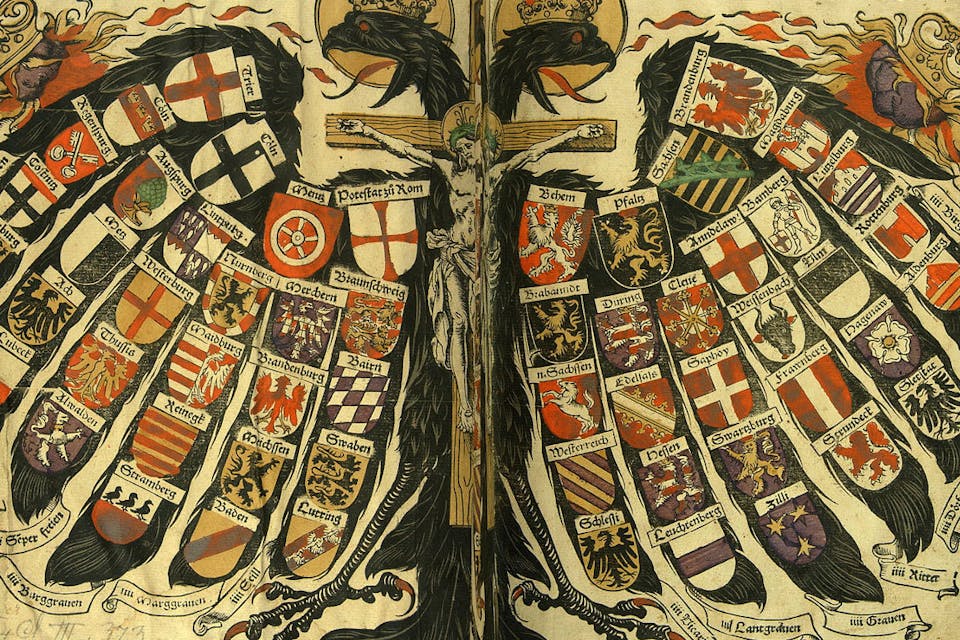*A hand-colored woodcut showing the states of the Holy Roman Empire.* By Hans Burgkmair, cut by Jost de Negker, 1510. Via Wikipedia. Holy-Roman-Empire