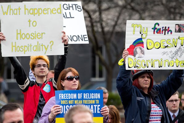 *Anti-Religious Freedom Restoration Act demonstrators in Indianapolis in 2015.* Aaron P. Bernstein/Getty Images. Bernstein-Main