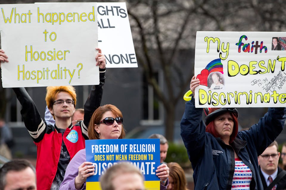 *Anti-Religious Freedom Restoration Act demonstrators in Indianapolis in 2015.* Aaron P. Bernstein/Getty Images. Bernstein-Main