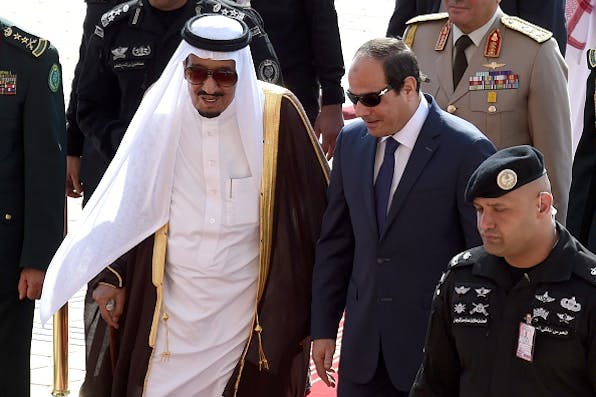 *King Salman bin Abdulaziz al-Saud of Saudi Arabia with Egypt’s President Abdel Fattah el-Sisi. *Fayez Nureldine/AFP via Getty Images. Saudi King Salman bin Abdulaziz (L) welcomes Egyptian President Abdel Fattah al-Sisi at Riyadh international airport on November 10, 2015, as Arab leaders and top officials from South America converged on Saudi Arabia for a summit aiming to strengthen ties between the geographically distant but economically powerful regions. AFP PHOTO / FAYEZ NURELDINE        (Photo credit should read FAYEZ NURELDINE/AFP/Getty Images)