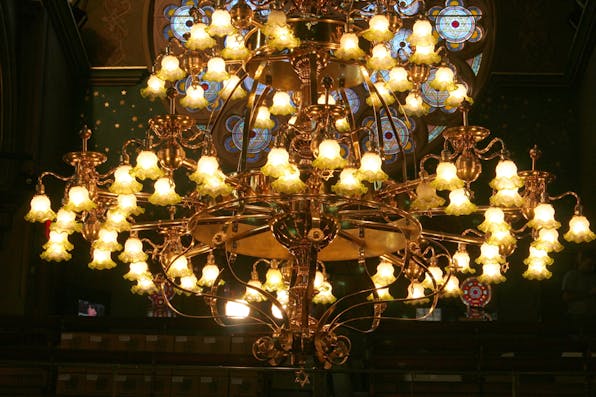*A chandelier at the Eldridge Street Synagogue in New York City.* Kate Milford, Museum at Eldridge Street. Eldridge-Chandelier