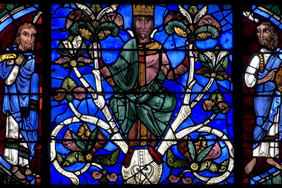 *A section of the Tree of Jesse window at Chartres Cathedral depicting Ezekiel, David, and Hosea.* Wikimedia. Chartres_Bay_49_Tree_of_Jesse__Panels04-06