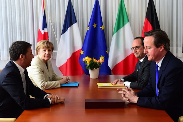 *Italian Prime Minister Matteo Renzi, German Chancellor Angela Merkel, French President Francois Hollande and British Prime Minister David Cameron meet in Brussels, on April 23, 2015.* EMMANUEL DUNAND/AFP/Getty Images. Berlinski-Main