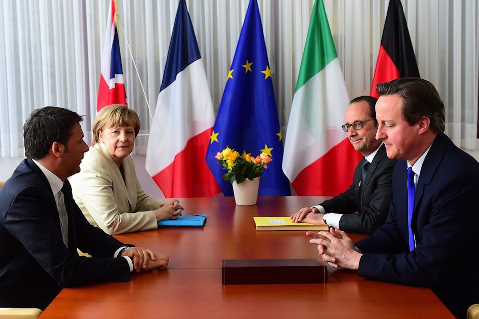 *Italian Prime Minister Matteo Renzi, German Chancellor Angela Merkel, French President Francois Hollande and British Prime Minister David Cameron meet in Brussels, on April 23, 2015.* EMMANUEL DUNAND/AFP/Getty Images. Berlinski-Main