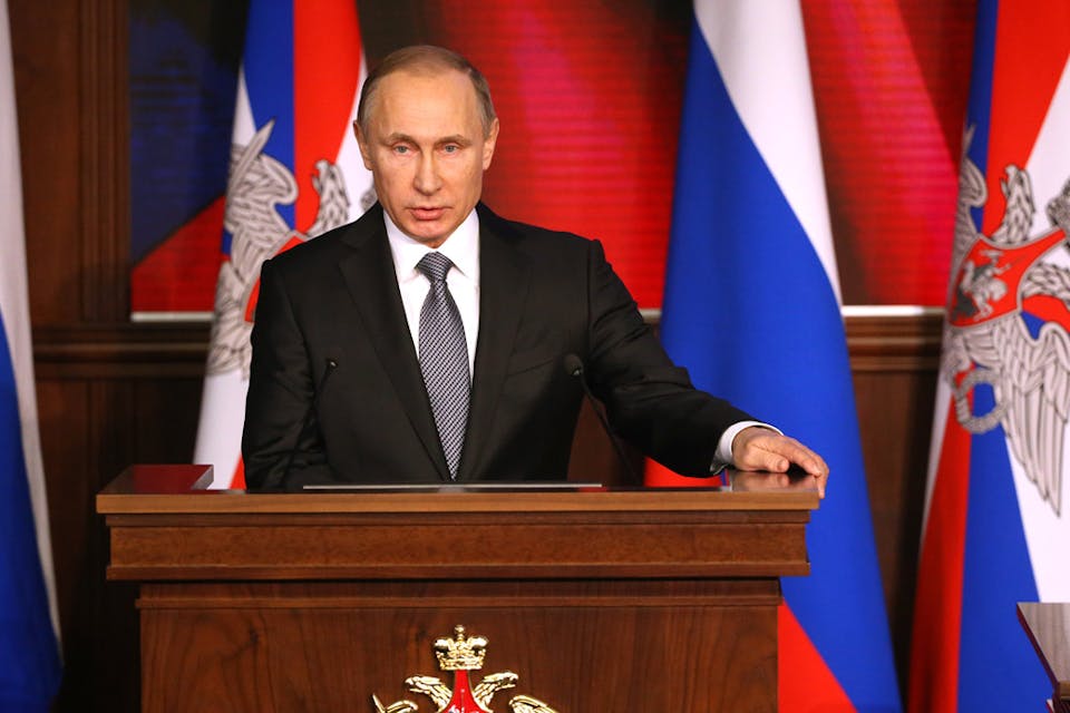 *Russian President Vladimir Putin attends an annual meeting with high ranking officers of the Defence Ministry Board on December 11, 2015 in Moscow, Russia.* Sasha Mordovets/Getty Images. Puting-Main