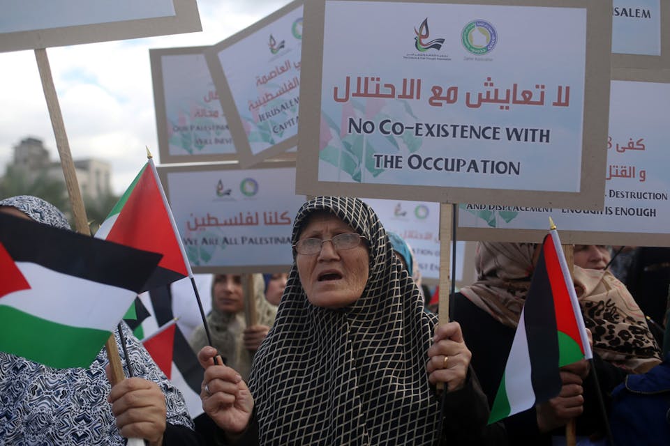 *Palestinian demonstrators hold their national flag and banners during an anti-Israel protest in Gaza City on November 10, 2015.* MOHAMMED ABED/AFP/Getty Images. Gur-Vision-Main