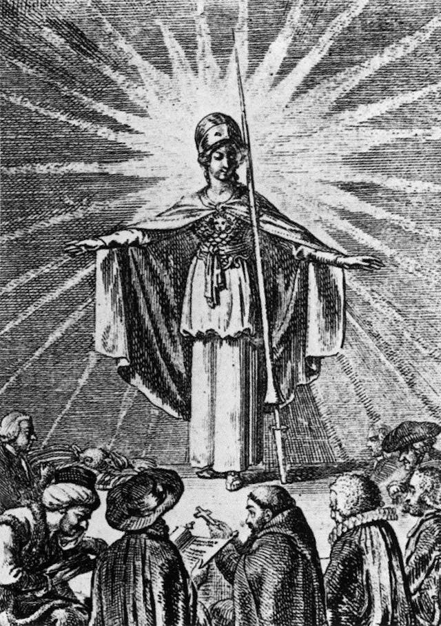 Daniel Chodowiecki, 1791. Minerva as a symbol of enlightened wisdom protects the believers of all religions (Daniel Chodowiecki, 1791)