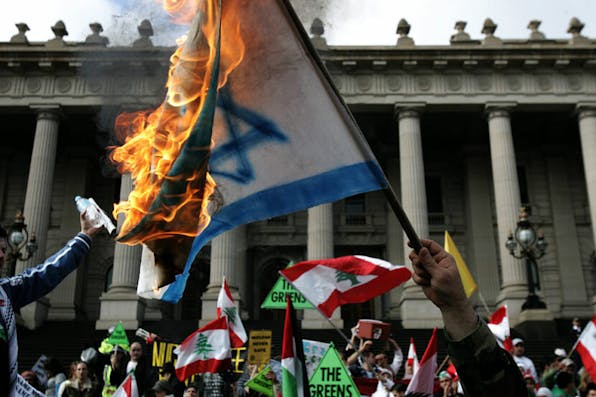 A protest in Australia during the first Gaza war, August 2006. *Justin McManus/Fairfax Media via Getty Images.* (AUSTRALIA OUT) Hiroshima anniversary day. Protest from the State Library to Parliment over the war in the Middle East and anniversary of the nuclear attack on Hiroshima,7 August 2006 THE AGE Picture by JUSTIN MCMANUS (Photo by Fairfax Media via Getty Images/Fairfax Media via Getty Images via Getty Images)