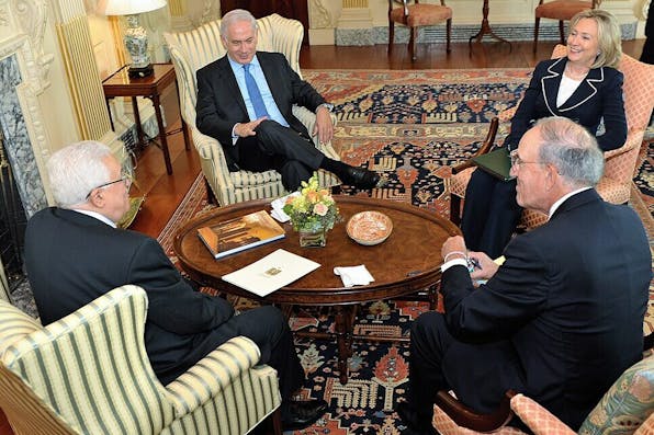 Mahmoud Abbas, Benjamin Netanyahu, U.S. special envoy George Mitchell, and Secretary of State Hillary Clinton on September 2, 2010. *Michael Gross for State Department via Wikimedia.* 966px-Clinton_Netanyahu_Abbas_Mitchell_2_Sep_2010