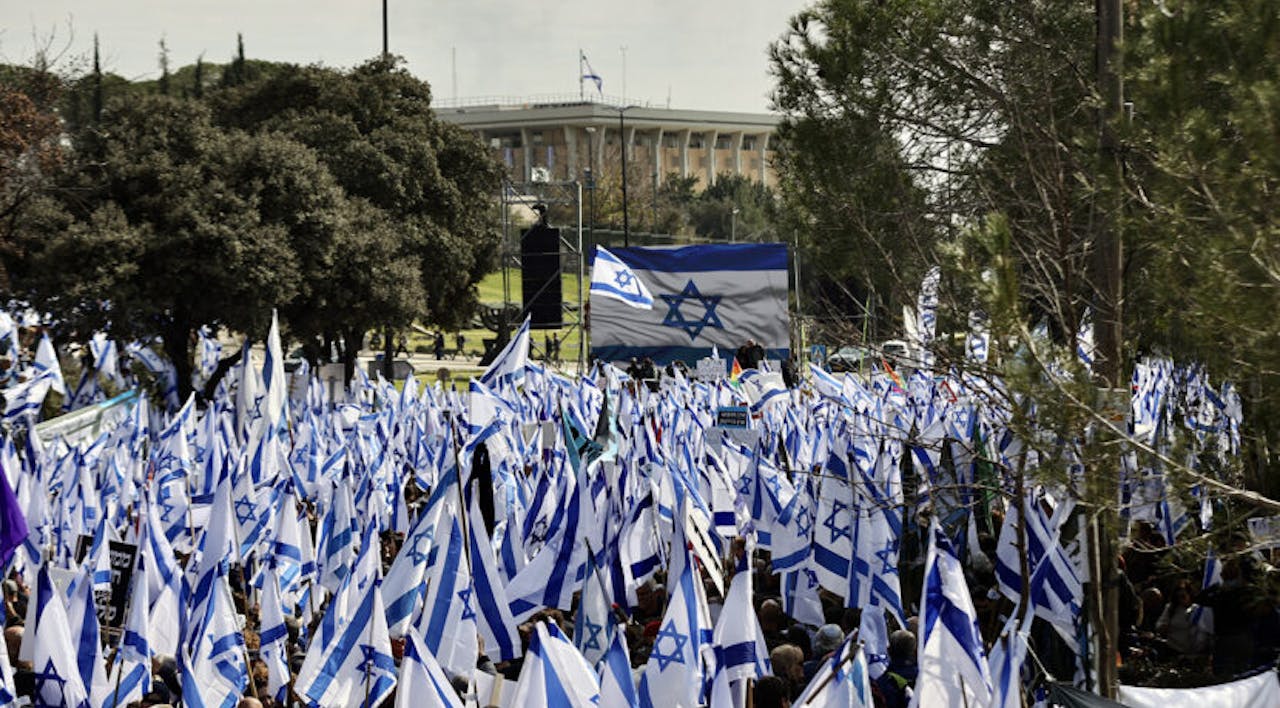 Israeli gather in front of the Knesset in Jerusalem to protest judicial reform on February 13, 2023. *Mostafa Alkharouf/Anadolu Agency via Getty Images.* Gordon Judicial Main