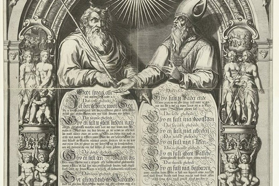 Detail of *Moses and Aaron with the Tablets of the Law*, by Simon de Vries (ca. 1570–1629). *Rijksmuseum via Wikimedia*. 857px-Mozes_en_Aäron_met_de_Tafelen_der_Wet,_RP-P-1885-A-9294