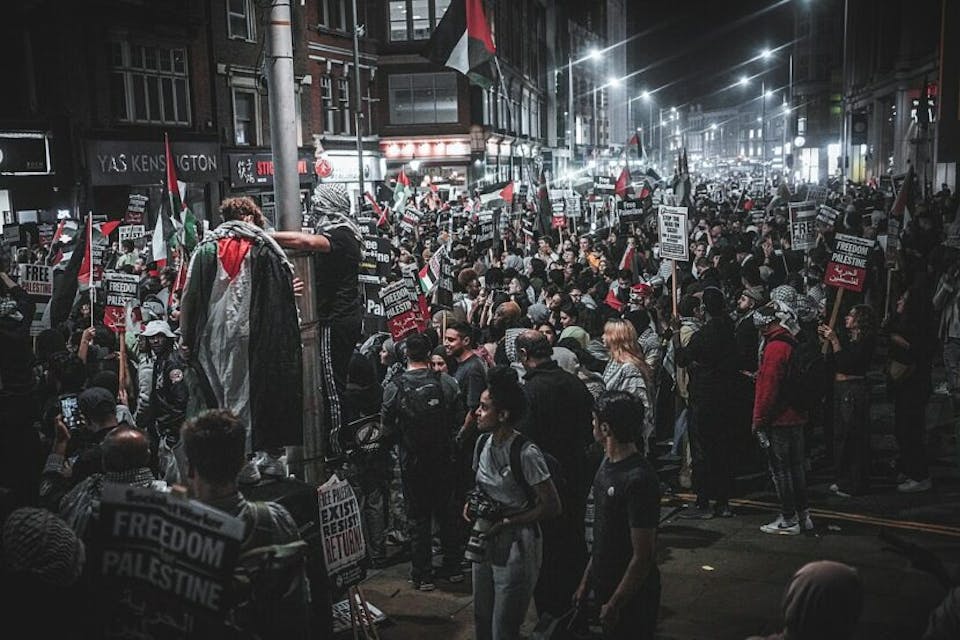 Anti-Israel protest in London, October 8, 2023. *Alisdare Hickson via Wikimedia.* 1080px-Palestine_solidarity_protesters_call_for_peace_and_an_end_to_Israel’s_occupation_and_Apartheid_(53248572695)