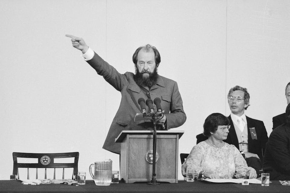 Exiled Soviet writer Alexander Solzhenitsyn giving a commencement address at Harvard on June 8, 1978. *Bettmann via Getty Images*. (Original Caption) Exiled Soviet author Alexander Solzhenitsyn, is shown here in a commencement address at Harvard University, where he said that the most noticeable thing about the West is what he called “decline in courage.” Earlier in the day, the noted author received an honorary degree in Doctorate of Humane Letters from the university, during its 327th Commencement exercises.