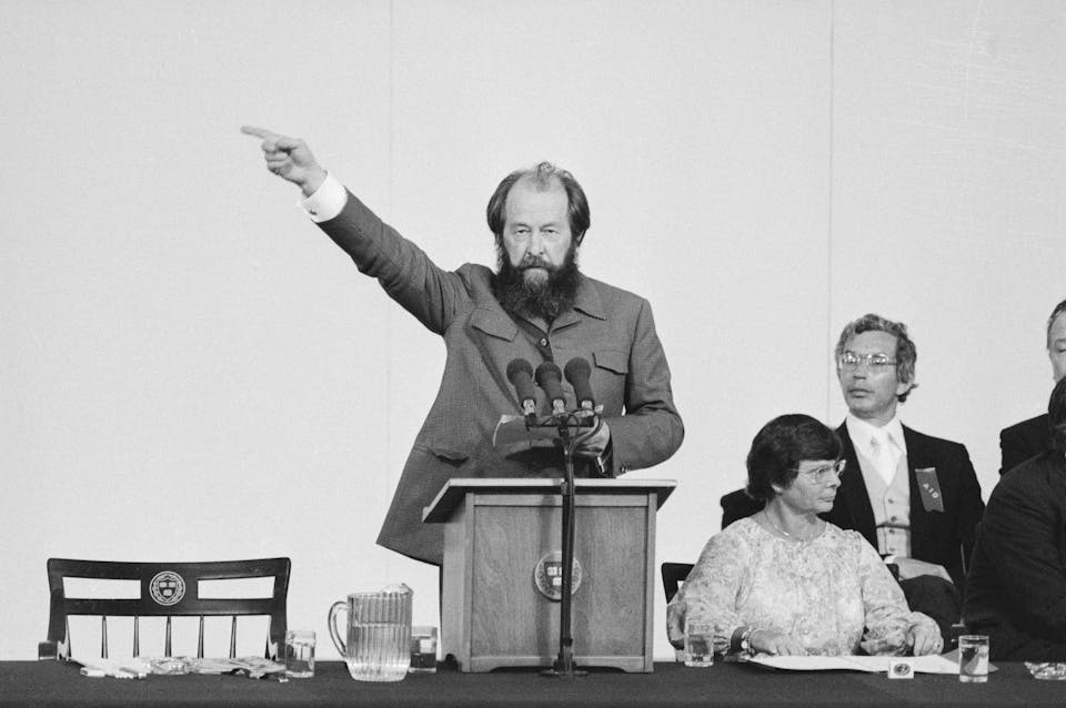 (Original Caption) Exiled Soviet author Alexander Solzhenitsyn, is shown here in a commencement address at Harvard University, where he said that the most noticeable thing about the West is what he called “decline in courage.” Earlier in the day, the noted author received an honorary degree in Doctorate of Humane Letters from the university, during its 327th Commencement exercises.