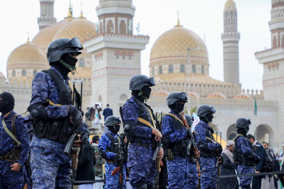 Houthi security forces stand guard during an anti-Israel and anti-U.S. rally in Sanaa, the Houthi-controlled capital of Yemen, on January 19, 2024. *MOHAMMED HUWAIS/AFP via Getty Images*. Takeyh Podcast