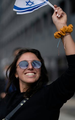 adult, female, person, woman, accessories, glasses, flag, face, head