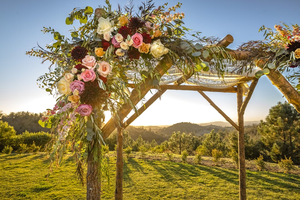 Jewish traditions wedding ceremony. Wedding canopy chuppah or huppah decorated with flowers