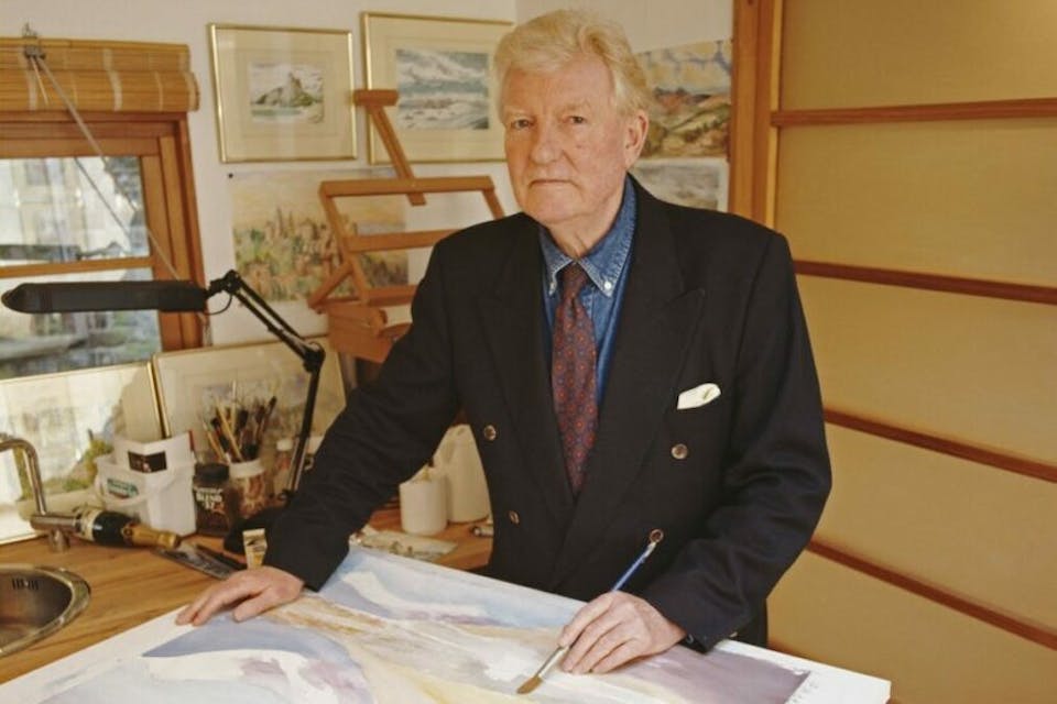 Paul Johnson shows his watercolour landscape painting, circa 1995. *Photo by John Stoddart/Popperfoto via Getty Images.* 450796705