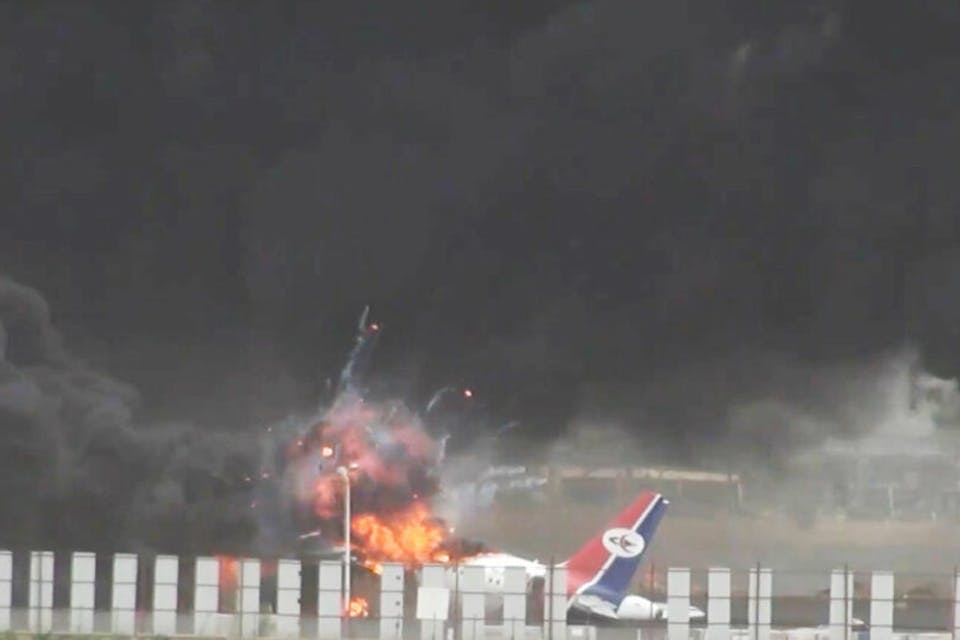A damaged aircraft at Sana’a airport following an Israeli airstrike on May 6, 2025. *Stringer/Anadolu via Getty Images.* SANAA, YEMEN – MAY 06: Heavily damaged aircraft are seen at Sanaa International Airport following an Israeli airstrike targeting the airport in Yemen’s capital, Sanaa, which is under the control of Iran-backed Houthi rebels, on May 06, 2025. Israeli warplanes launched airstrikes on the Sanaa airport in the Yemeni capital on Tuesday, shortly after ordering residents to evacuate, according to the Houthi group. Yemen Airways announced it suspended all flights to and from the Sanaa International Airport until further notice after the strikes struck the company’s facility, setting three commercial aircraft on fire. (Photo by Stringer/Anadolu via Getty Images)