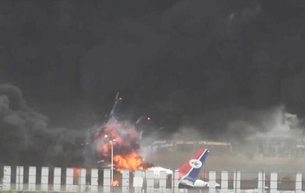 SANAA, YEMEN – MAY 06: Heavily damaged aircraft are seen at Sanaa International Airport following an Israeli airstrike targeting the airport in Yemen’s capital, Sanaa, which is under the control of Iran-backed Houthi rebels, on May 06, 2025. Israeli warplanes launched airstrikes on the Sanaa airport in the Yemeni capital on Tuesday, shortly after ordering residents to evacuate, according to the Houthi group. Yemen Airways announced it suspended all flights to and from the Sanaa International Airport until further notice after the strikes struck the company’s facility, setting three commercial aircraft on fire. (Photo by Stringer/Anadolu via Getty Images)