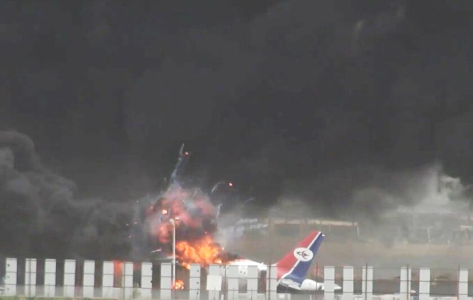 SANAA, YEMEN – MAY 06: Heavily damaged aircraft are seen at Sanaa International Airport following an Israeli airstrike targeting the airport in Yemen’s capital, Sanaa, which is under the control of Iran-backed Houthi rebels, on May 06, 2025. Israeli warplanes launched airstrikes on the Sanaa airport in the Yemeni capital on Tuesday, shortly after ordering residents to evacuate, according to the Houthi group. Yemen Airways announced it suspended all flights to and from the Sanaa International Airport until further notice after the strikes struck the company’s facility, setting three commercial aircraft on fire. (Photo by Stringer/Anadolu via Getty Images)