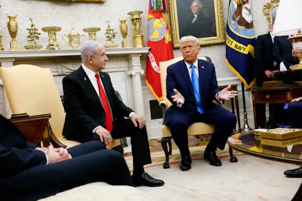 WASHINGTON, DC – FEBRUARY 04: U.S. President Donald Trump, accompanied by Israeli Prime Minister Benjamin Netanyahu (L) speaks during a meeting in the Oval Office of the White House on February 04, 2025 in Washington, DC. Netanyahu is the first foreign leader to visit Trump since he returned to the White House last month. (Photo by Anna Moneymaker/Getty Images)