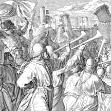 Victorian bible illustration Walls of Jericho fall Priests blow trumpets