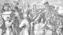 Victorian bible illustration Walls of Jericho fall Priests blow trumpets