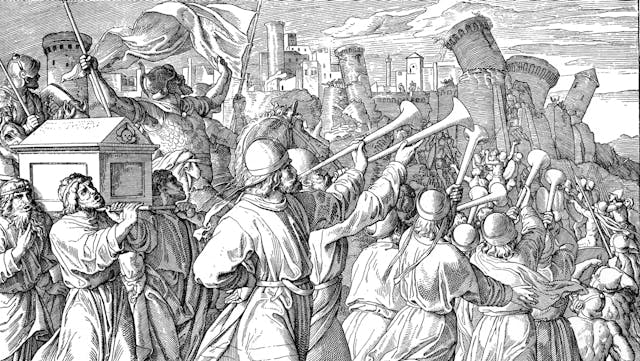 Victorian bible illustration Walls of Jericho fall Priests blow trumpets