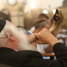 Meron,israel-,September,2,,2016:orthodox,Jewish,Men,Blowing,The,Shofar,Of