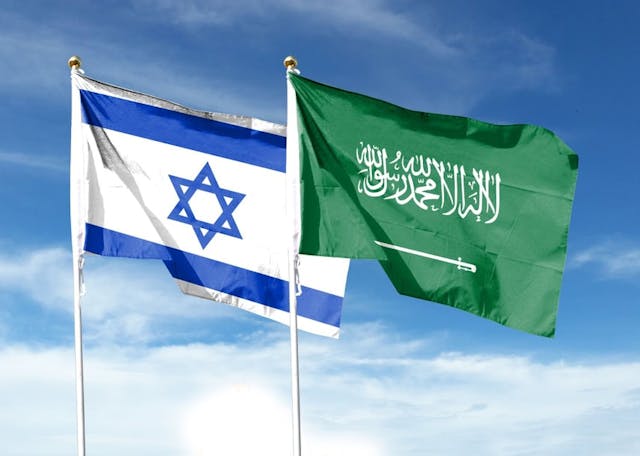 Israeli,And,Saudi,Arabian,Flags,Flutter,Under,Cloudy,Skies.,Fly