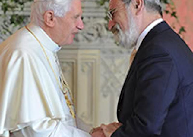Pope Benedict XVI meets Britain’s Chief Rabbi Jonathan Sacks at a meeting of religious leaders at St Mary’s University College Chapel at Twickenham in west London