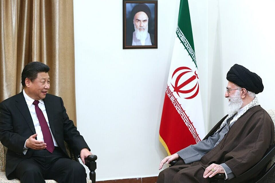 China's President Xi Jinping meets with Iran's supreme leader Ali Khamenei in Tehran, 2016. *Iranian official photo via Wikimedia.* 1080px-Ali_Khamenei_met_with_Xi_Jinping_in_Tehran_2016_(7)