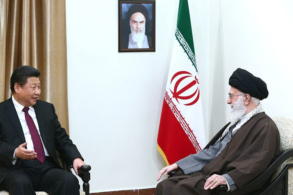 China's President Xi Jinping meets with Iran's supreme leader Ali Khamenei in Tehran, 2016. *Iranian official photo via Wikimedia.* 1080px-Ali_Khamenei_met_with_Xi_Jinping_in_Tehran_2016_(7)
