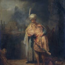 David and Jonathan embracing, by follower or workshop of Rembran