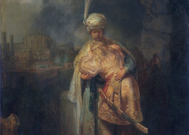 David and Jonathan embracing, by follower or workshop of Rembran