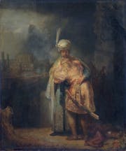 David and Jonathan embracing, by follower or workshop of Rembran