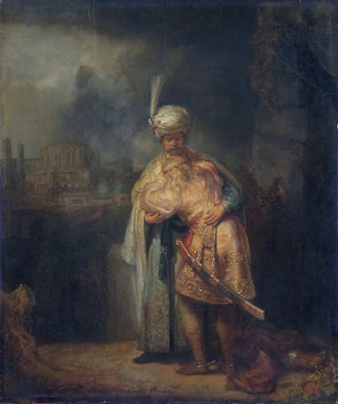 David and Jonathan embracing, by follower or workshop of Rembran