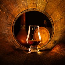 A,Glass,Of,Scotch,Whiskey,In,Old,Oak,Barrel.,Copper