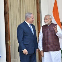 Indian Prime Minister Narendra Modi welcomes Israeli Prime Minister Benjamin Netanyahu at Hyderabad House in 2018. Licensed under the Government Open Data License - India (GODL) Indian Prime Minister Narendra Modi welcomes Israeli Prime Minister Benjamin Netanyahu at Hyderabad House in 2018. Licensed under the Government Open Data License - India (GODL)