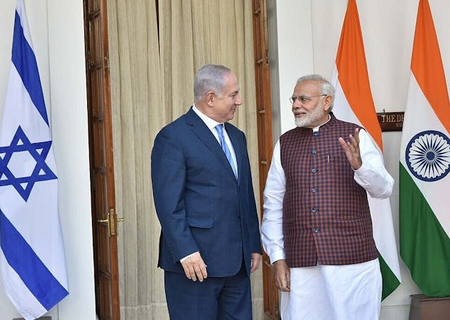 Indian Prime Minister Narendra Modi welcomes Israeli Prime Minister Benjamin Netanyahu at Hyderabad House in 2018. Licensed under the Government Open Data License - India (GODL) Indian Prime Minister Narendra Modi welcomes Israeli Prime Minister Benjamin Netanyahu at Hyderabad House in 2018. Licensed under the Government Open Data License - India (GODL)