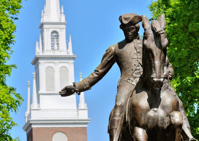 Paul,Revere,Statue,And,Old,North,Church,In,Boston,,Massachusetts