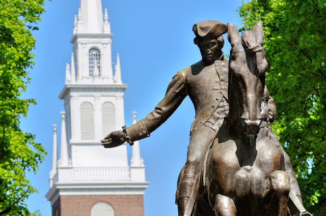 Paul,Revere,Statue,And,Old,North,Church,In,Boston,,Massachusetts