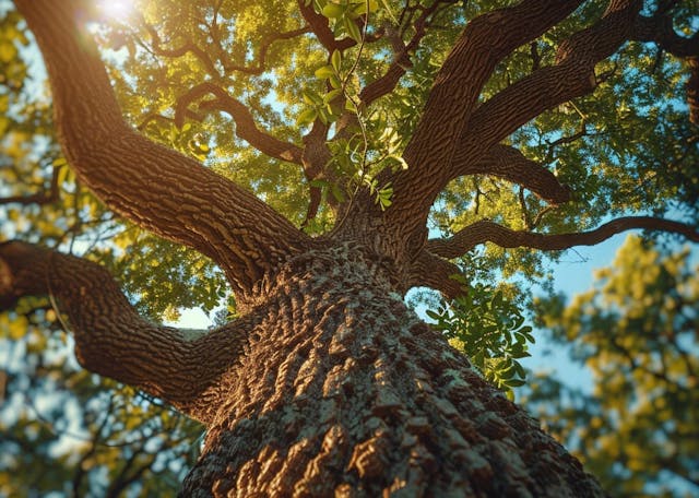 Majestic,Old,Oak,Tree,With,Textured,Bark,And,Sprawling,Branches,